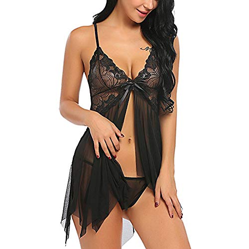 SEDEX Babydoll Lingerie Sexy Intimo Donna Biancheria Intima Confortevole Stile-Anteriore Aperto Grande Size Pizzo Lace Lingerie Trasparente Aperto G-Stringa (S)