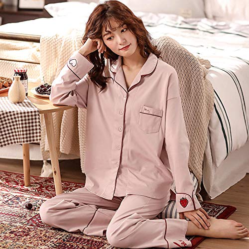 HGDS Pigiama Invernale Set Pigiama Donna Rosa Colletto rovesciato 100% Cotone Pigiama da Notte-Rosa Stampato_L