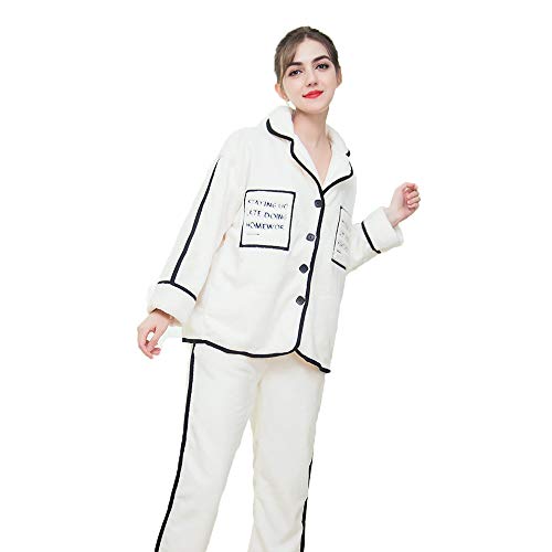 M3M Le Donne Invernali Addensano Il Pile di Corallo Set Pigiama, Cardigan con Risvolto Caldo di Velluto Pantaloni A Maniche Lunghe Abito da Notte A Due Pezzi Casual Homewear,Bianca,L
