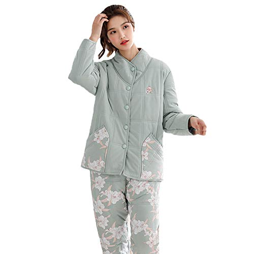 M3M Pigiama in Cotone con Cartella Invernale da Donna, Addensare Caldo Cardigan in Pile di Corallo Colletto Rialzato Dolce Casual Confortevole Homewear Pigiameria,Gray Green,XXL