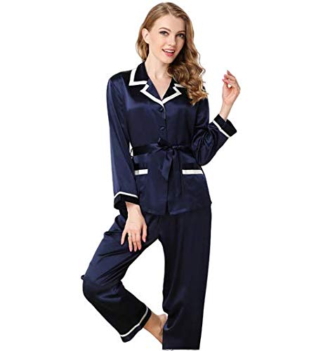 Set Pigiama Abito da Donna a Due Pezzi in Raso di Seta a Maniche Lunghe Primavera ed Estate con tintura Naturale Scollo a V Chiusura Frontale con Bottoni Regolazione della Ventilazione Comfort, s