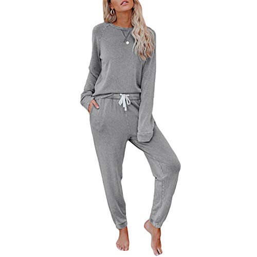 XRQ Set Jogging Stile da Notte delle Donne Pajamas Set Pigiama Figura Intera Top & Bottoms Sleepwear Cotone di PJ,Grigio,XL