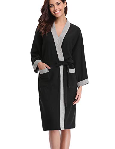 Abollria Vestaglia Lunga da Donna in Cotone al 95% Elegante Sexy Pigiama Kimono con Cintura per Casa Spa Hotel (S, B-Nero&Grigio(60% Cotone))