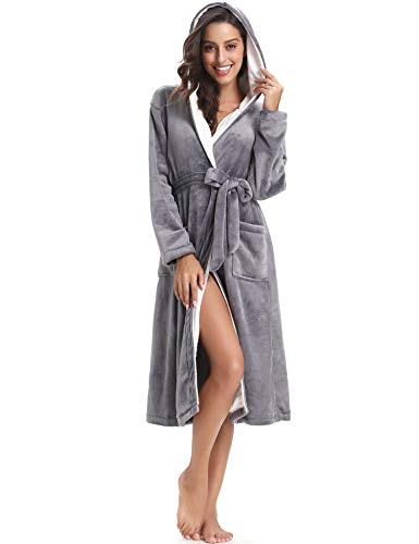 YYNUDA Abito Da Camera Lungo In Flanella Con Cappuccio E Cerniera - Morbido E Caldo, Vestaglia Pesante Per Inverno, Tasche A Stella - Grigio/Blu/Rosa