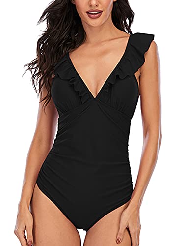 Misolin Costumi da Bagno Interi con Volant da Spiaggia con Scollo a V da Donna, Nero, L