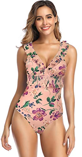 SHEKINI Costume da Bagno Donna Intero Un Pezzo V Scollo Elegant Ruffles Spallacci Regolabile Stampati Costumi Interi Donna Pieghettato Triangolo Bikini da Spiaggia (S, Rosa Scuro - Floreale Stampati)