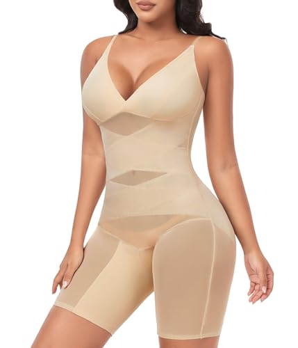 heekpek Body Contenitivo Modellante Donna Shapewear Bodysuit Incrociato a Rete Pancia Piatta Dimagrante Intimo Snellente Shaper Invisibile Shaping Bodysuit, Beige, M