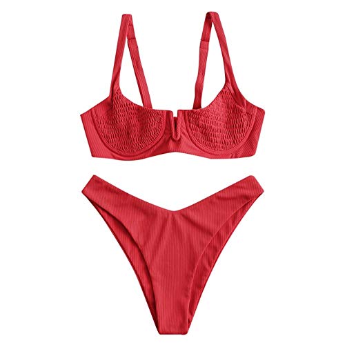 ZAFUL - Bikini da donna a coste, con fascia a V, effetto smocked balconette, costume da bagno High Cut Colore: rosso S