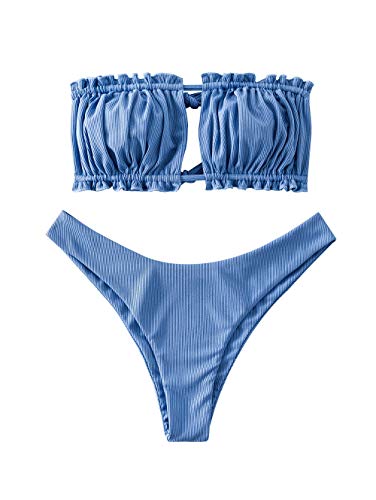 ZAFUL - Bikini da donna, senza spalline, con coulisse e ruche Blu seta. L