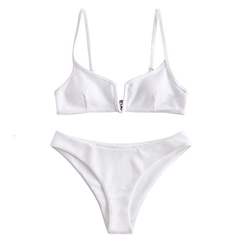 Zaful - Bikini da donna, set di 2 pezzi, costume da bagno sexy con slip sgambato bianco S