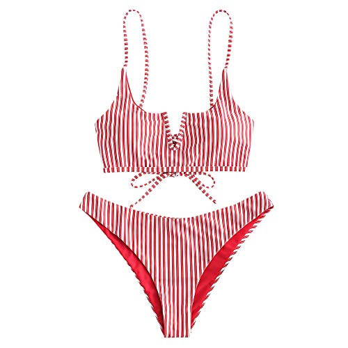 Zaful Bikini sexy da donna, con scollo a forma di V, spalline sottili e motivo a righe Colore: rosso L