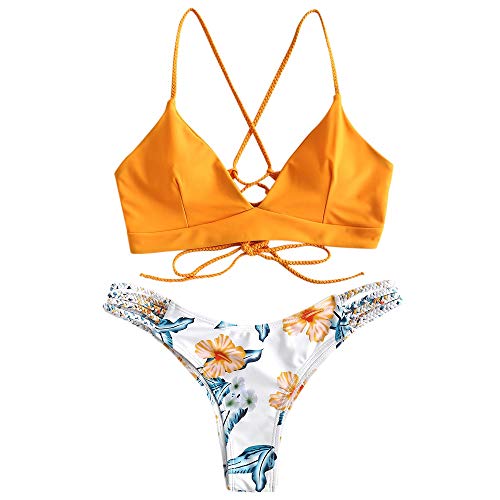 Zaful - Set bikini da donna con reggiseno regolabile push-up, costume da bagno a triangolo con motivo floreale Giallo 1 S